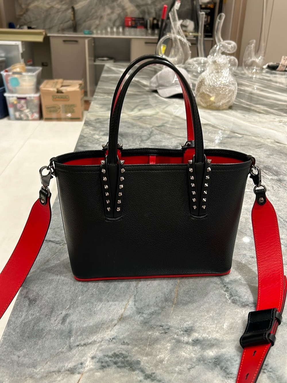 Christian Louboutin Black Tote with Red Interior and Strap , Calf Leather